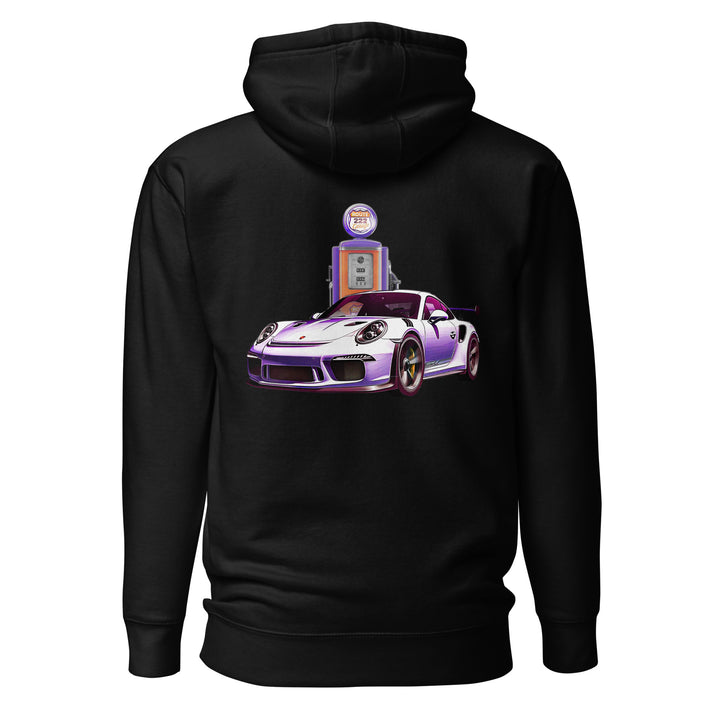 Back of the Route 222 GT3RS Gas Tank Hoodie showing the purple sports car and gas-pump design