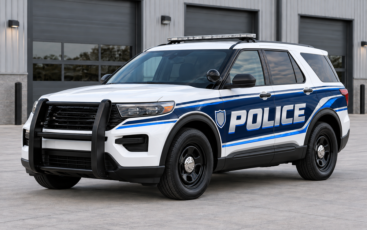 Example police graphics: navy and blue wrap with silver POLICE lettering on a white SUV